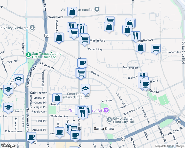 map of restaurants, bars, coffee shops, grocery stores, and more near 2136 Main Street in Santa Clara