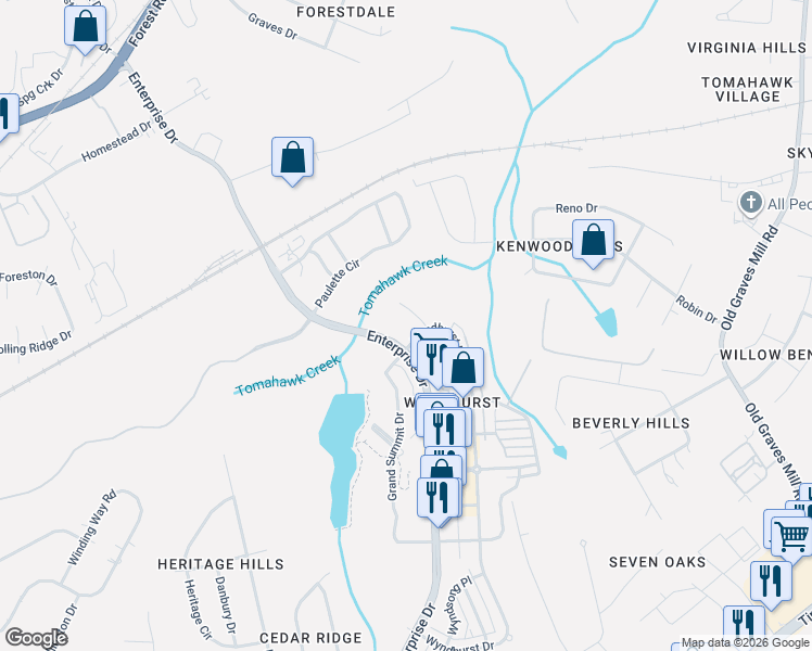 map of restaurants, bars, coffee shops, grocery stores, and more near 801 Wyndhurst Drive in Lynchburg