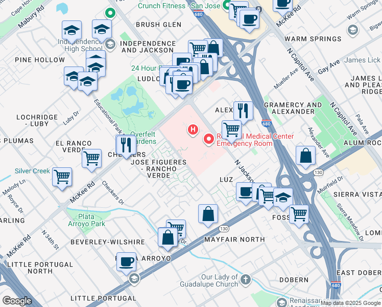 map of restaurants, bars, coffee shops, grocery stores, and more near 200 Jose Figueres Avenue in San Jose