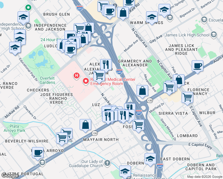 map of restaurants, bars, coffee shops, grocery stores, and more near 88 North Jackson Avenue in San Jose