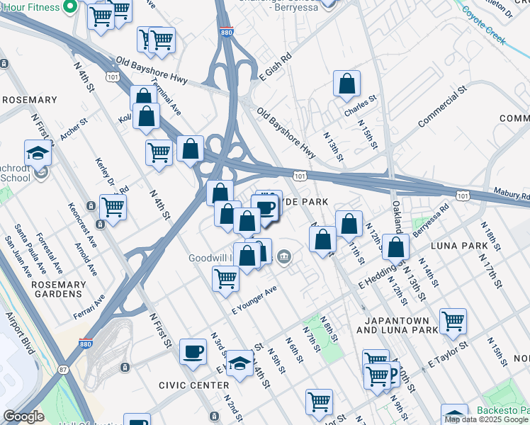 map of restaurants, bars, coffee shops, grocery stores, and more near 385 Commercial Street in San Jose