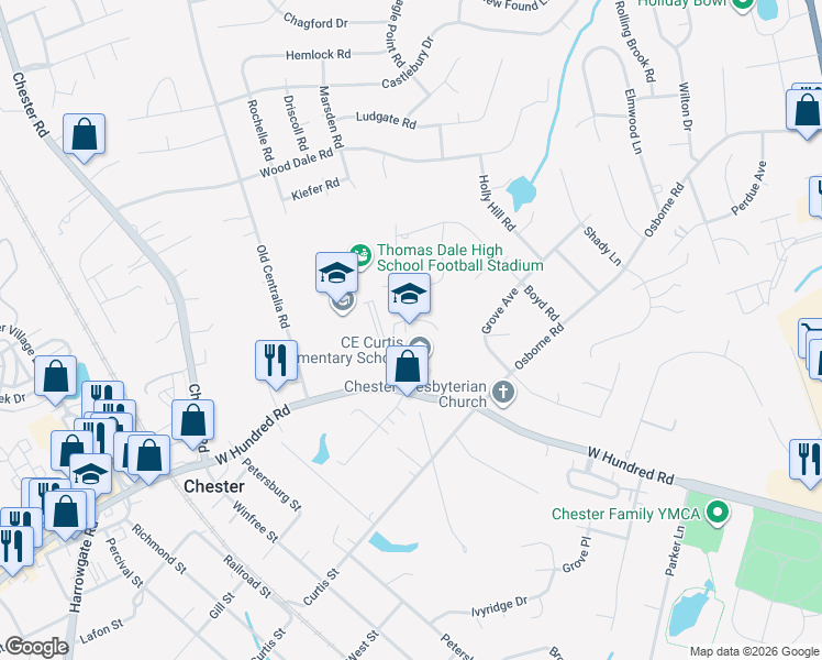 map of restaurants, bars, coffee shops, grocery stores, and more near 3600 West Hundred Road in Chester