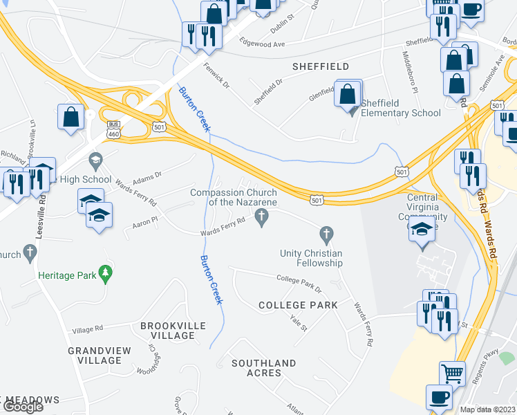map of restaurants, bars, coffee shops, grocery stores, and more near 1812 Wards Ferry Road in Lynchburg