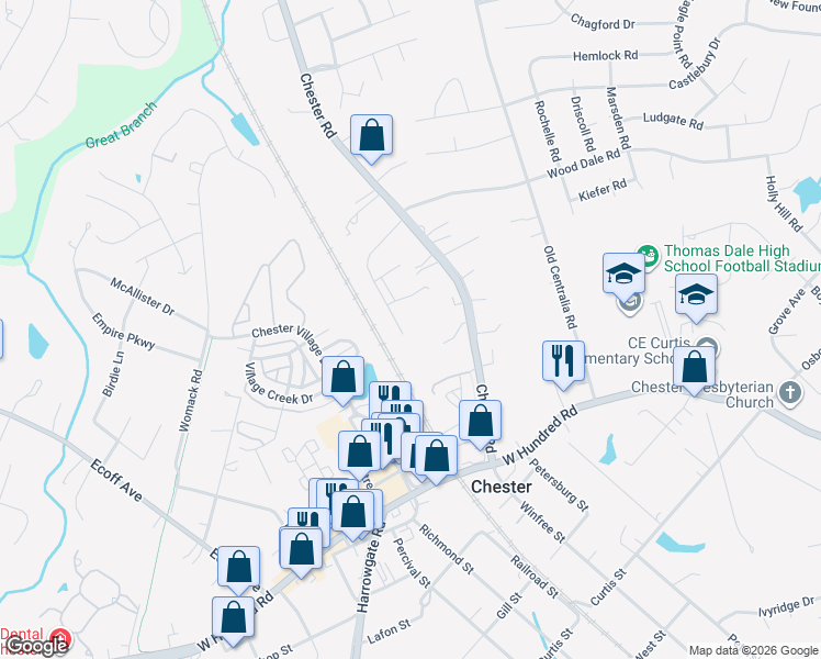 map of restaurants, bars, coffee shops, grocery stores, and more near 11649 Chester Station Drive in Chester