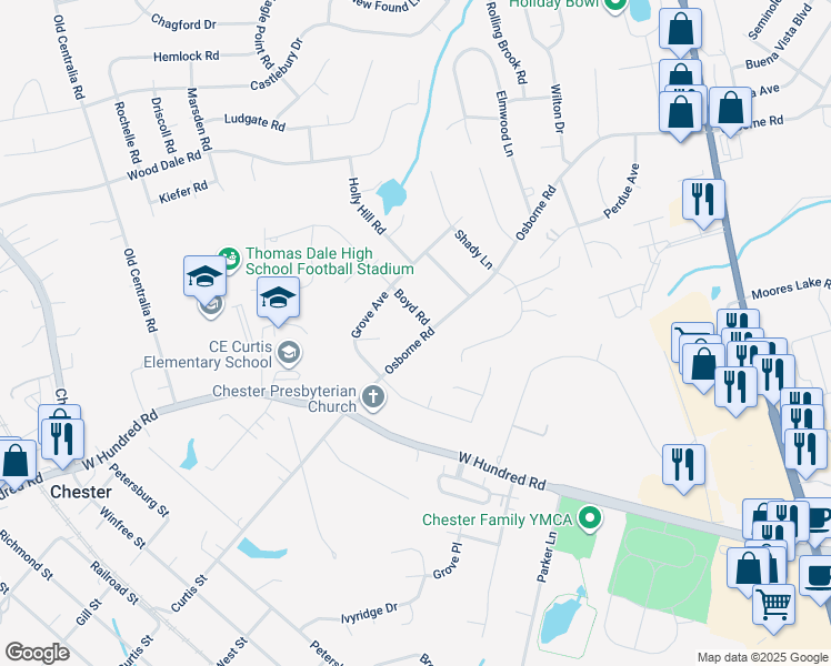 map of restaurants, bars, coffee shops, grocery stores, and more near 3308 Osborne Road in Chester