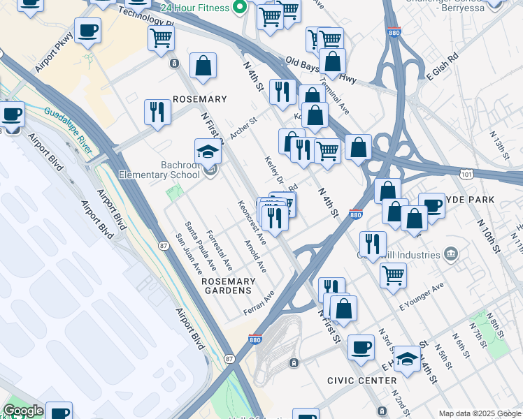 map of restaurants, bars, coffee shops, grocery stores, and more near N 1st St & E Gish Rd in San Jose