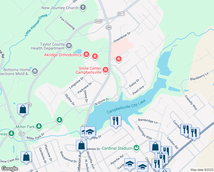map of restaurants, bars, coffee shops, grocery stores, and more near 1414 Old Lebanon Road in Campbellsville