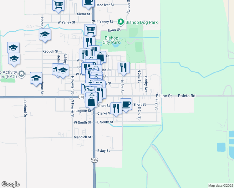 map of restaurants, bars, coffee shops, grocery stores, and more near 261 East Line Street in Bishop