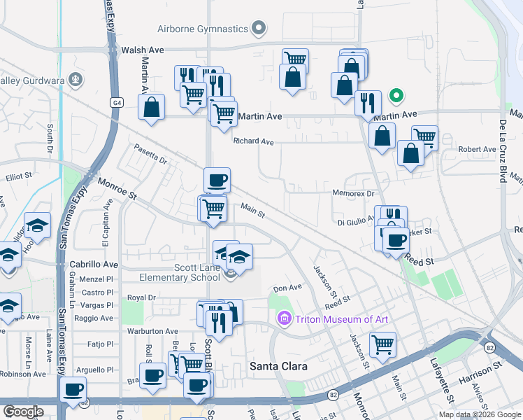 map of restaurants, bars, coffee shops, grocery stores, and more near 2131 Main Street in Santa Clara