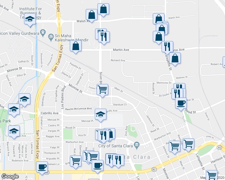 map of restaurants, bars, coffee shops, grocery stores, and more near 2138 Main Street in Santa Clara