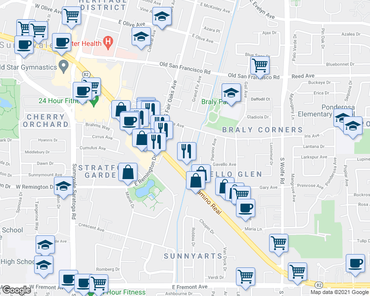 map of restaurants, bars, coffee shops, grocery stores, and more near 726 Golden Oak Drive in Sunnyvale