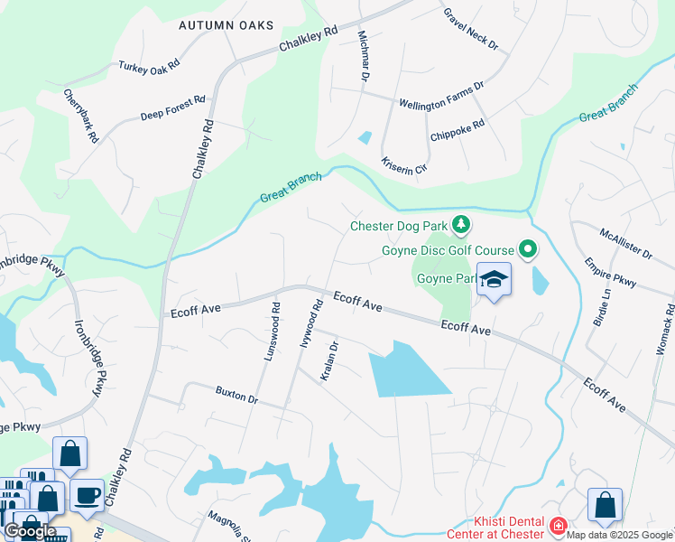 map of restaurants, bars, coffee shops, grocery stores, and more near 11301 Ivywood Road in Chester