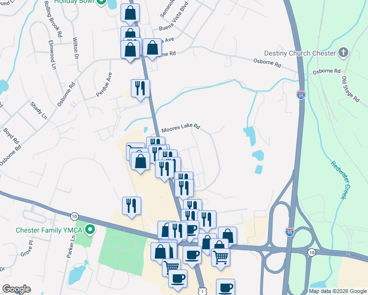 map of restaurants, bars, coffee shops, grocery stores, and more near 12101 Moores Lake Road in Chester