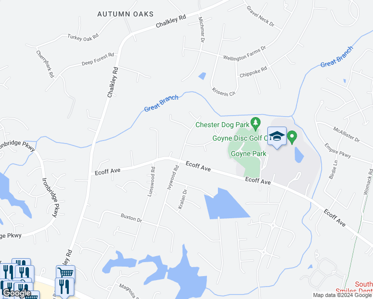 map of restaurants, bars, coffee shops, grocery stores, and more near 11301 Ivywood Road in Chester
