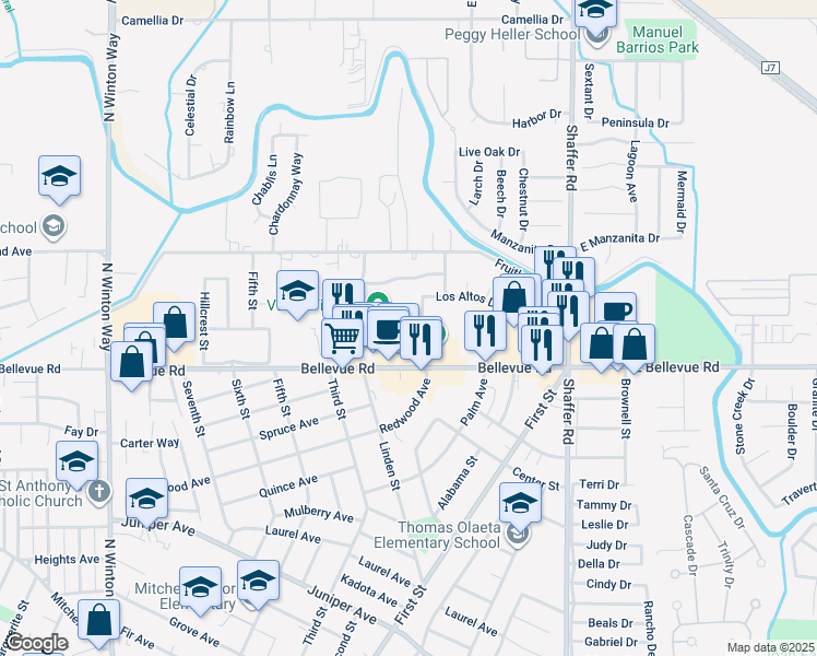 map of restaurants, bars, coffee shops, grocery stores, and more near Redwood Avenue in Atwater
