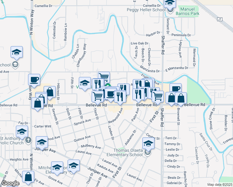 map of restaurants, bars, coffee shops, grocery stores, and more near 2809 Redwood Avenue in Atwater