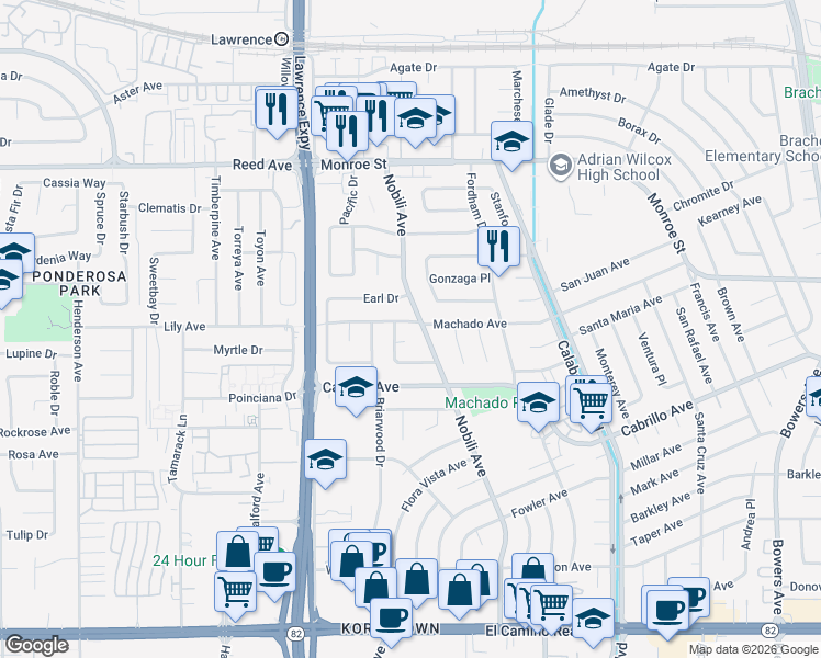 map of restaurants, bars, coffee shops, grocery stores, and more near 2164 Nobili Avenue in Santa Clara