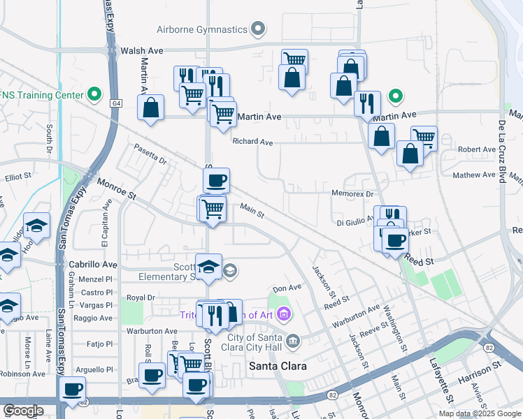 map of restaurants, bars, coffee shops, grocery stores, and more near 2131 Main Street in Santa Clara