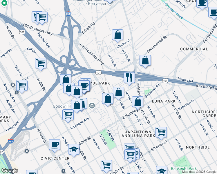 map of restaurants, bars, coffee shops, grocery stores, and more near 1085 North 11th Street in San Jose