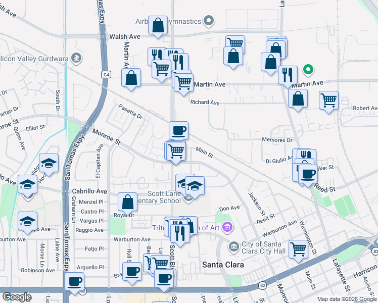 map of restaurants, bars, coffee shops, grocery stores, and more near 2138 Main Street in Santa Clara