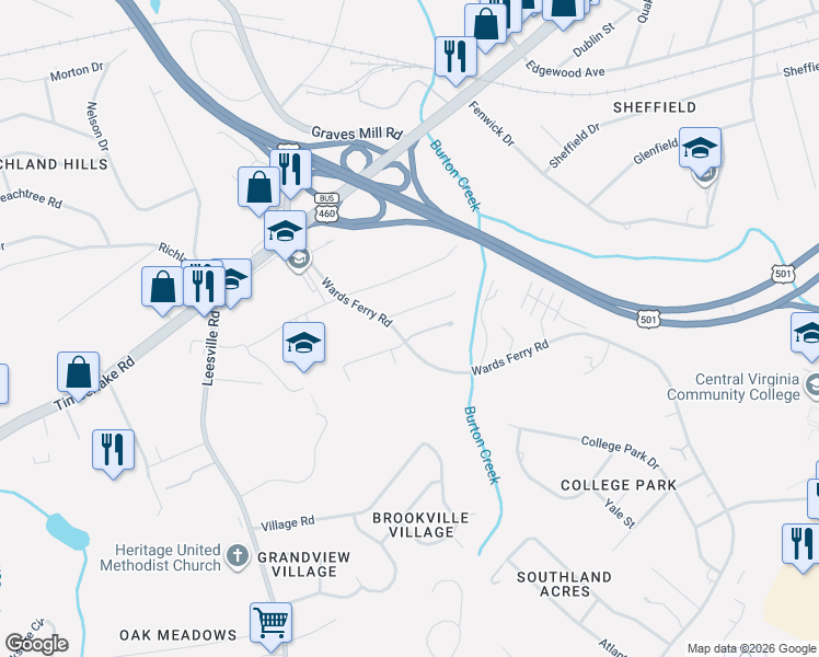map of restaurants, bars, coffee shops, grocery stores, and more near 100 Water Gate Drive in Lynchburg