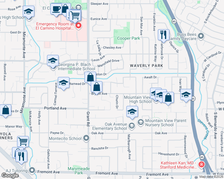 map of restaurants, bars, coffee shops, grocery stores, and more near 3371 Beaumont Square in Mountain View