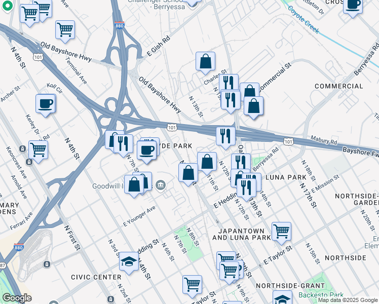 map of restaurants, bars, coffee shops, grocery stores, and more near 1085 North 11th Street in San Jose