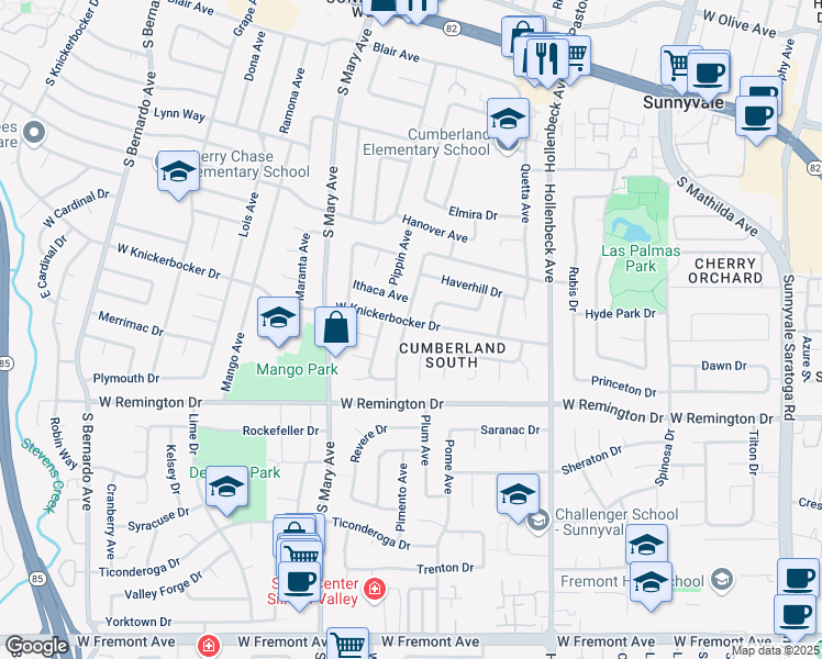 map of restaurants, bars, coffee shops, grocery stores, and more near 1001 Persimmon Avenue in Sunnyvale