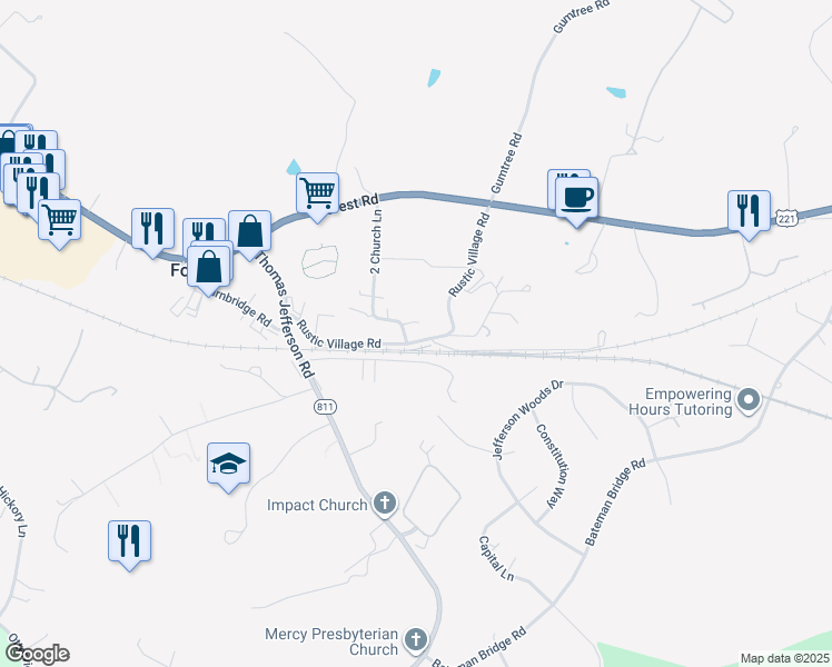 map of restaurants, bars, coffee shops, grocery stores, and more near 1310 Rustic Village Road in Forest