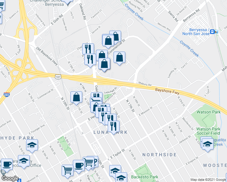 map of restaurants, bars, coffee shops, grocery stores, and more near 843 Berryessa Road in San Jose