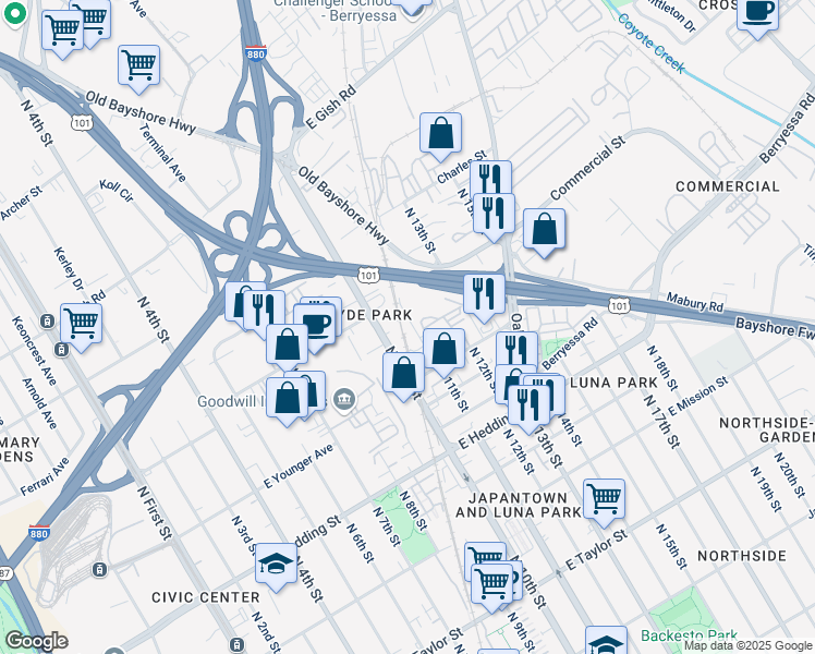 map of restaurants, bars, coffee shops, grocery stores, and more near 1076 N 10th St in San Jose