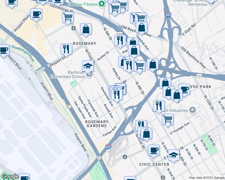 map of restaurants, bars, coffee shops, grocery stores, and more near 1402 North 1st Street in San Jose