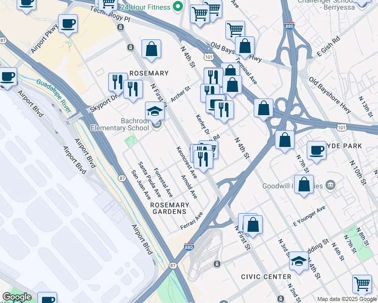 map of restaurants, bars, coffee shops, grocery stores, and more near 1402 North 1st Street in San Jose