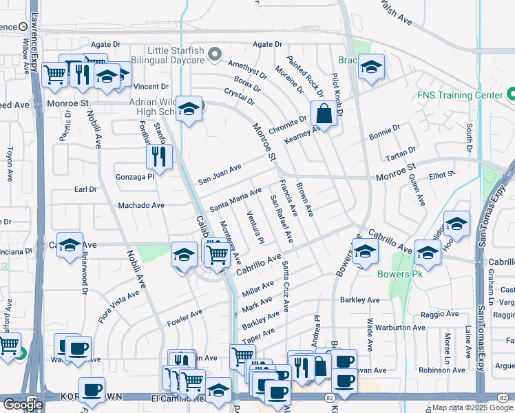 map of restaurants, bars, coffee shops, grocery stores, and more near 2215 Ventura Place in Santa Clara