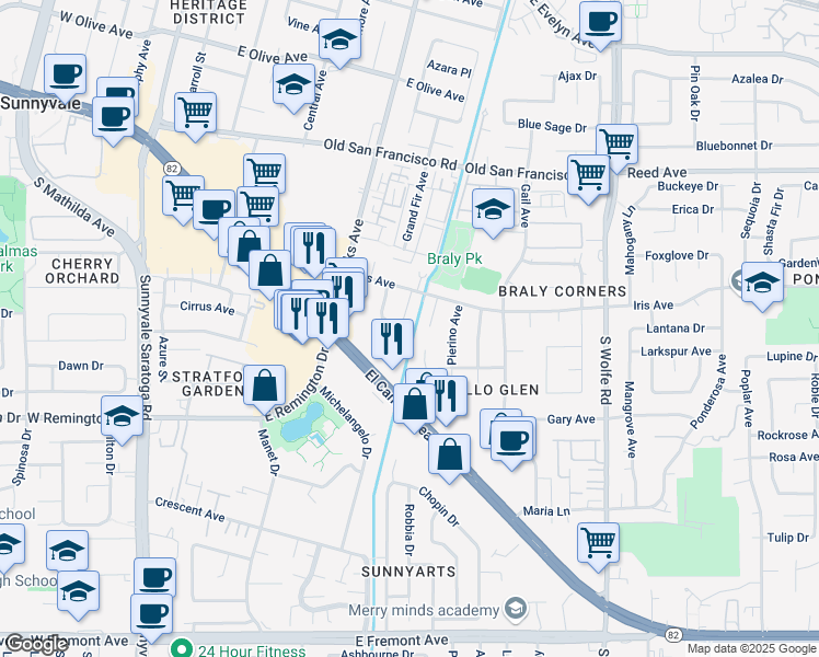 map of restaurants, bars, coffee shops, grocery stores, and more near 726 Golden Oak Drive in Sunnyvale