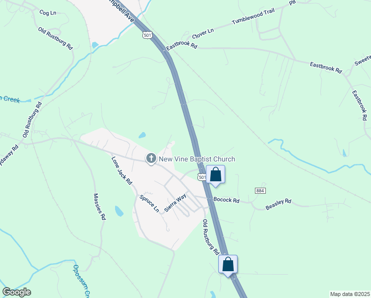 map of restaurants, bars, coffee shops, grocery stores, and more near 6294 Campbell Highway in Lynchburg