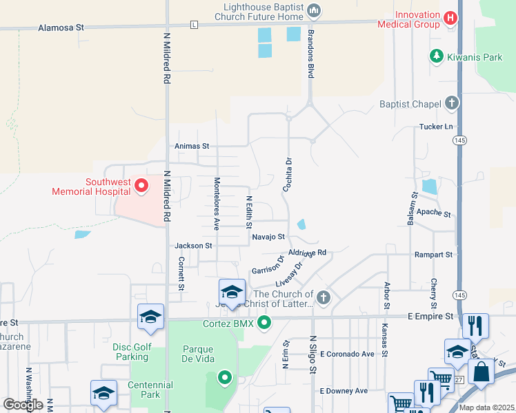 map of restaurants, bars, coffee shops, grocery stores, and more near 1451 Acoma Street in Cortez