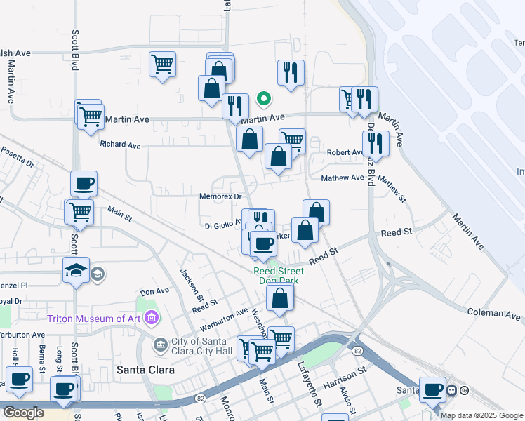 map of restaurants, bars, coffee shops, grocery stores, and more near 2155 Lafayette Street in Santa Clara