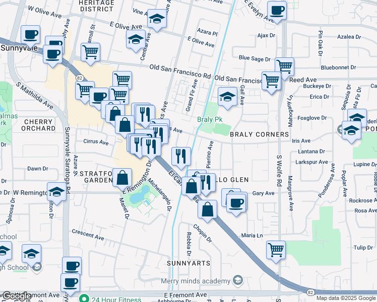 map of restaurants, bars, coffee shops, grocery stores, and more near 726 Golden Oak Drive in Sunnyvale