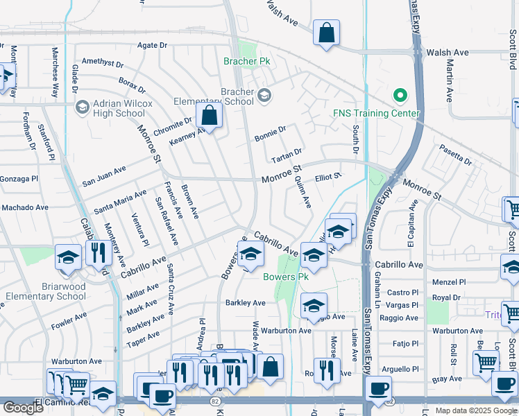 map of restaurants, bars, coffee shops, grocery stores, and more near 2155 Bowers Avenue in Santa Clara