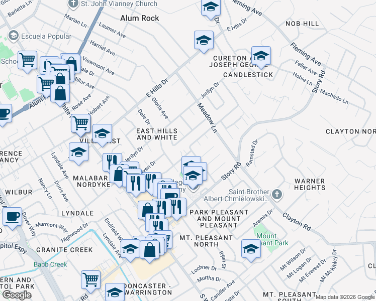 map of restaurants, bars, coffee shops, grocery stores, and more near 10211 Roehampton Avenue in San Jose