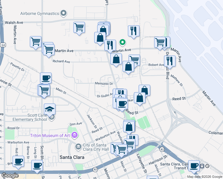 map of restaurants, bars, coffee shops, grocery stores, and more near 935 Di Giulio Court in Santa Clara
