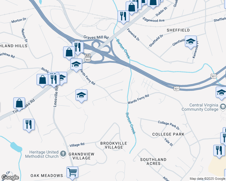 map of restaurants, bars, coffee shops, grocery stores, and more near 2004 Wards Ferry Road in Lynchburg