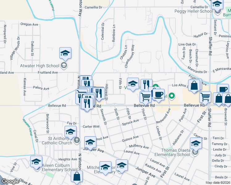 map of restaurants, bars, coffee shops, grocery stores, and more near 2848 Wathen Street in Atwater
