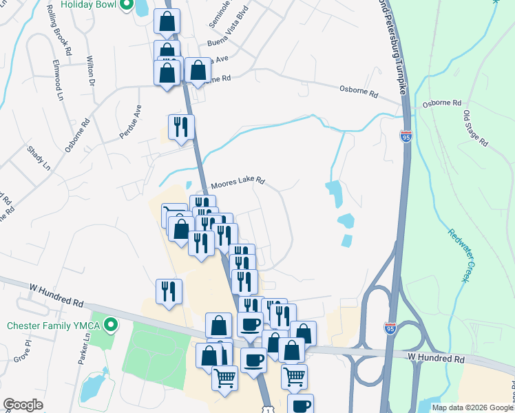 map of restaurants, bars, coffee shops, grocery stores, and more near 12101 Moores Lake Road in Chester