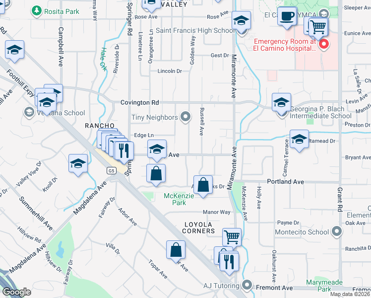 map of restaurants, bars, coffee shops, grocery stores, and more near 1178 Golden Way in Los Altos