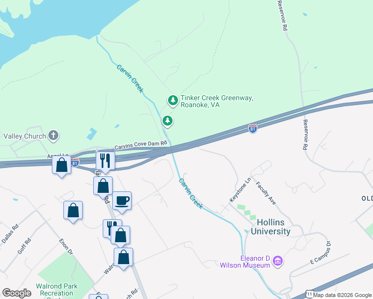 map of restaurants, bars, coffee shops, grocery stores, and more near U.S. 220 in Hollins