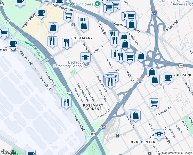 map of restaurants, bars, coffee shops, grocery stores, and more near 1435 Keoncrest Avenue in San Jose