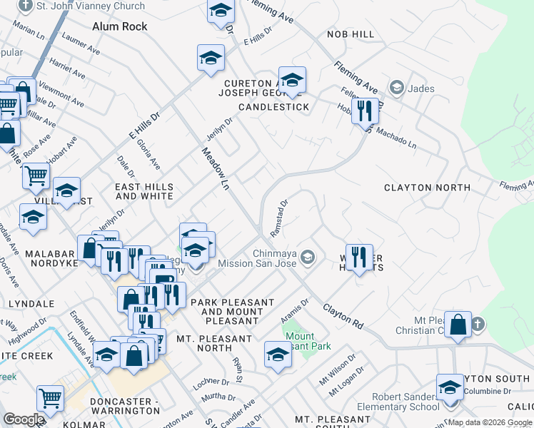 map of restaurants, bars, coffee shops, grocery stores, and more near 14568 Story Road in San Jose