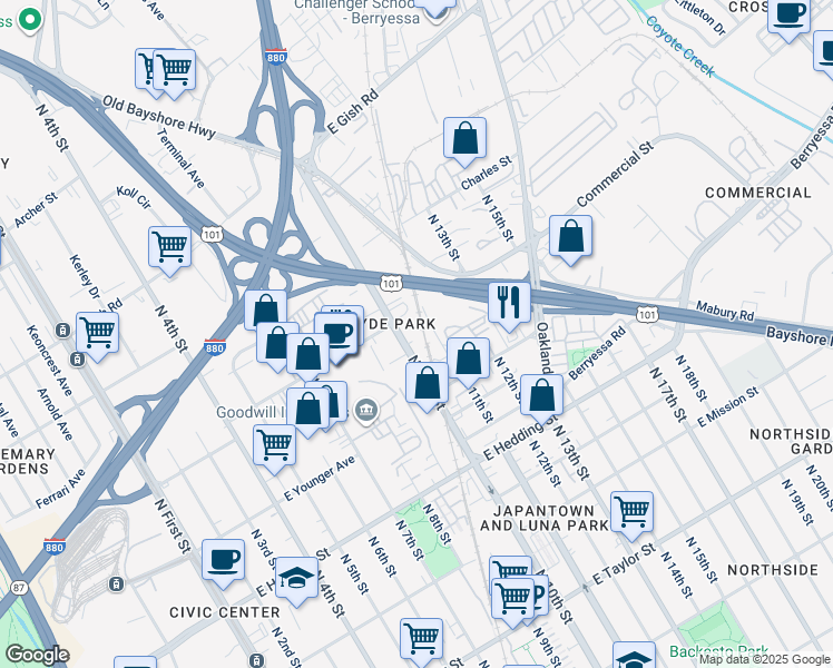 map of restaurants, bars, coffee shops, grocery stores, and more near 1076 North 10th Street in San Jose
